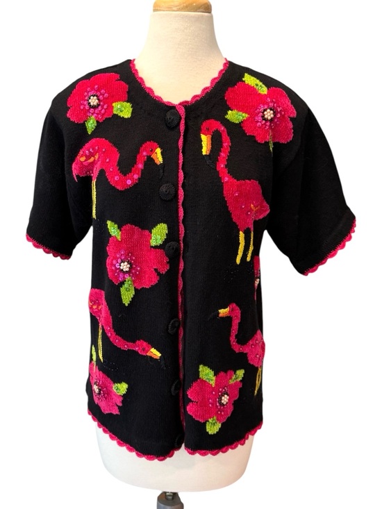 Victoria Harbour Sweaters - Vintage Victoria Harbour Black Pink Flamingo Sequin Beaded Short Sleeve Size M